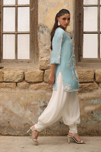 03-Piece Raw Silk Short Kurti Suit With Heavy Embroidery - Ready To Wear