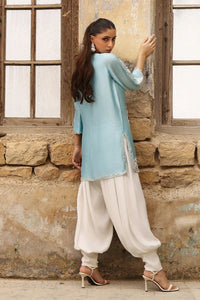 03-Piece Raw Silk Short Kurti Suit With Heavy Embroidery - Ready To Wear