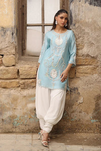 03-Piece Raw Silk Short Kurti Suit With Heavy Embroidery - Ready To Wear