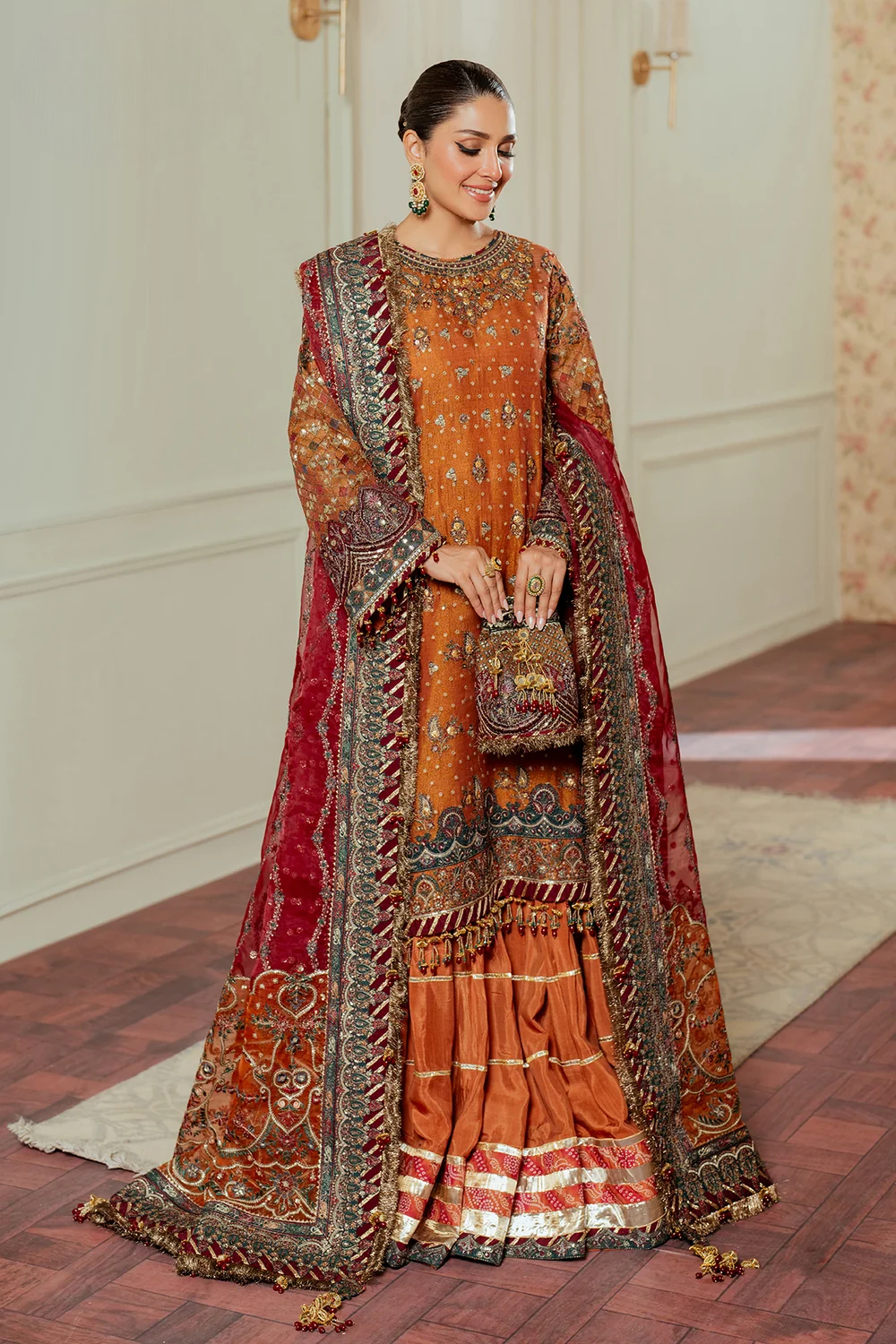 Rust Orange & Deep Maroon: Embroidered Chiffon Suit -  Ready To Wear