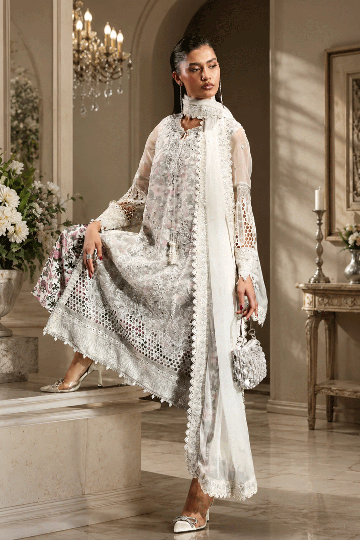 Icy White & Soft Floral Accent: Embroidered Organza Suit - Ready To Wear