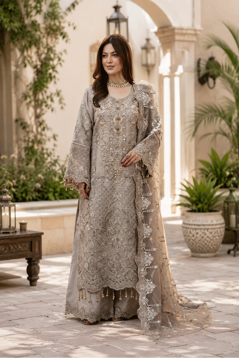 Mushroom Grey: Heavy Embroidered Organza Suit  -  Ready To Wear
