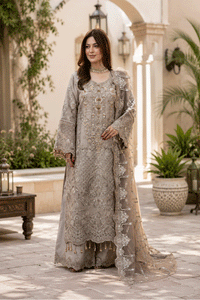 Mushroom Grey: Heavy Embroidered Organza Suit  -  Ready To Wear
