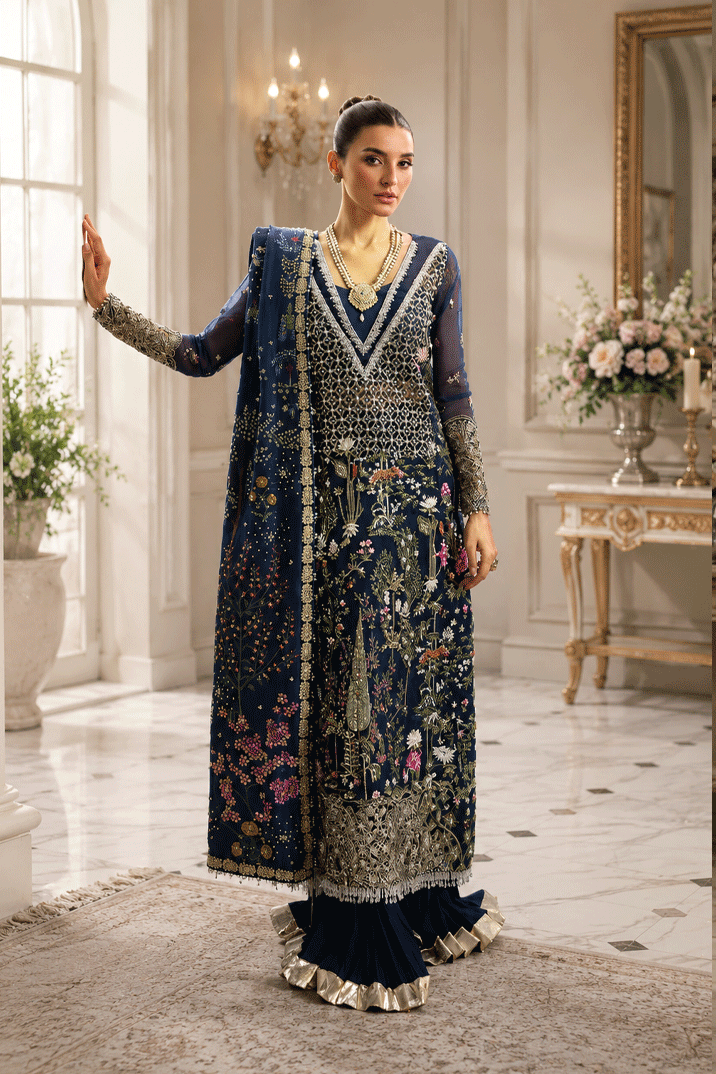 Midnight Navy & Gold : Embroidered Organza Long Shirt -  Ready To Wear