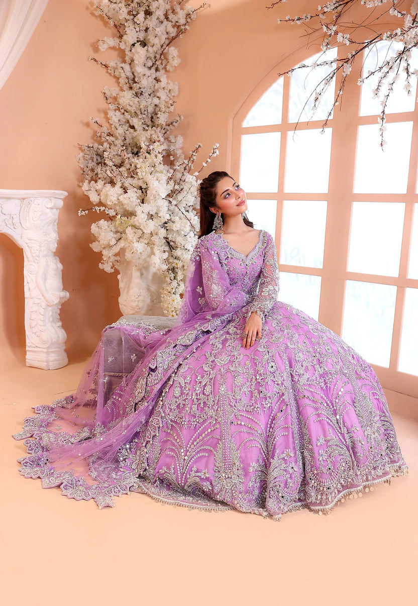 Pastel Lilac & Sparkling Silver: Embroidered Net Bridal Lenge Choli - Ready To Wear