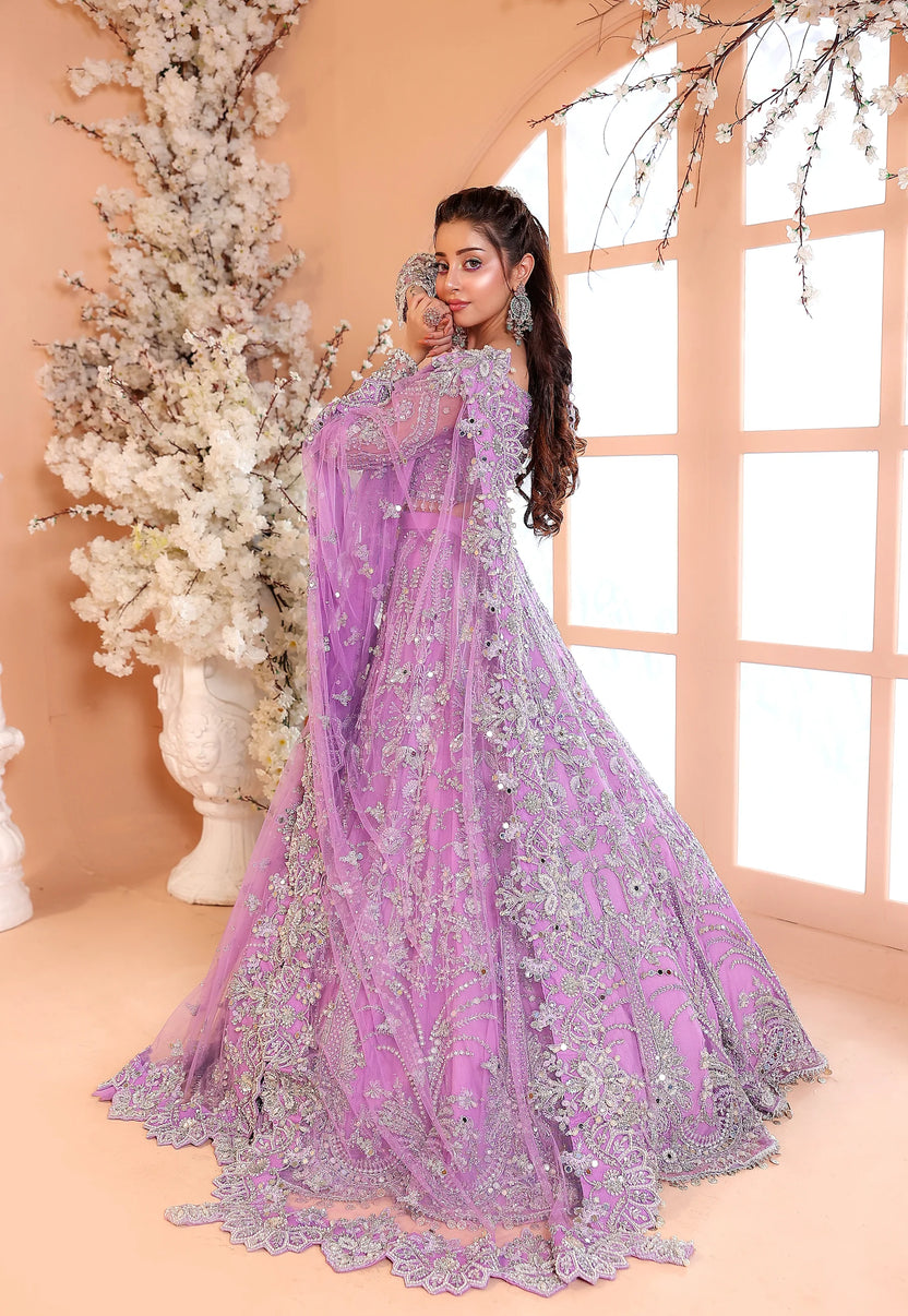 Pastel Lilac & Sparkling Silver: Embroidered Net Bridal Lenge Choli - Ready To Wear