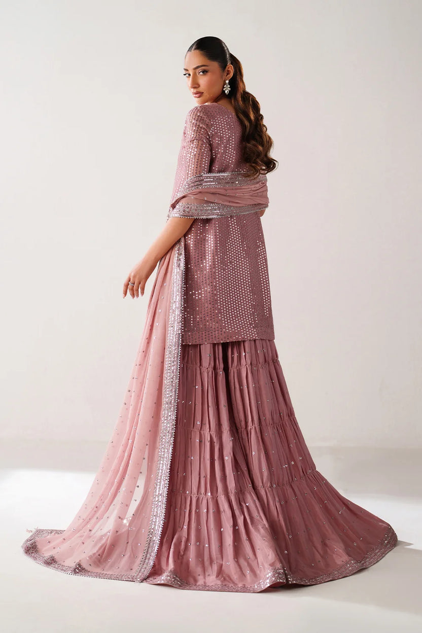 Dusty Rose & Silver Sparkle: Embroidered Chiffon Ghararah Suit - Ready To Wear