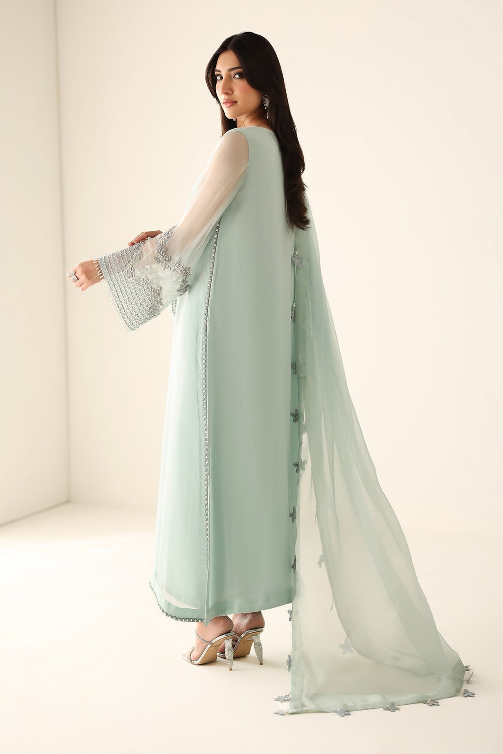Baroque Seagreen Luxury  Embroidered Ciffion 03 Piece Suit- Ready To Wear