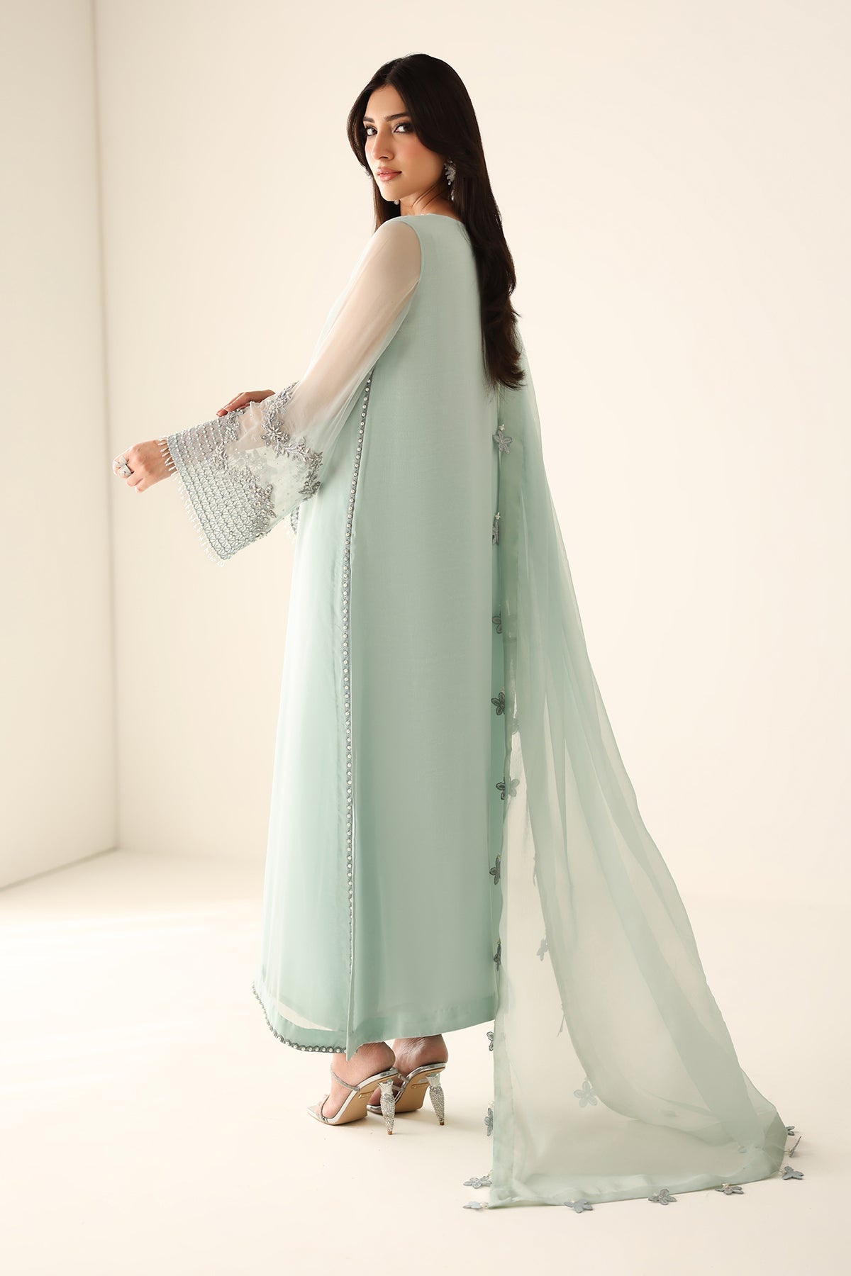 Baroque Seagreen Luxury  Embroidered Ciffion 03 Piece Suit- Ready To Wear