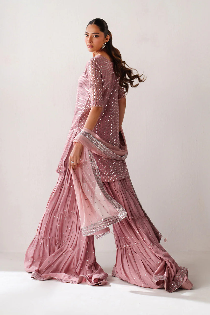 Dusty Rose & Silver Sparkle: Embroidered Chiffon Ghararah Suit - Ready To Wear