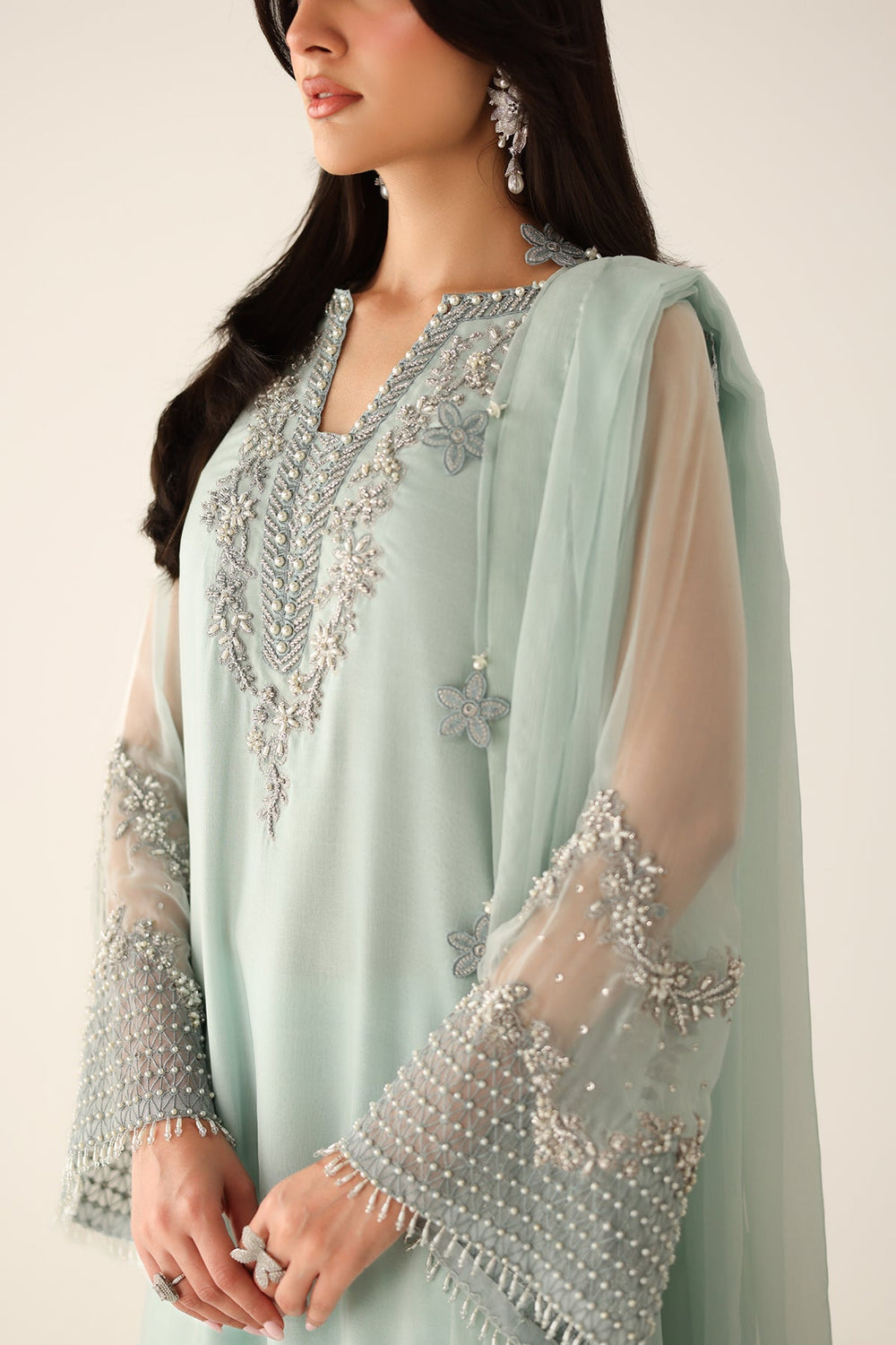 Baroque Seagreen Luxury  Embroidered Ciffion 03 Piece Suit- Ready To Wear