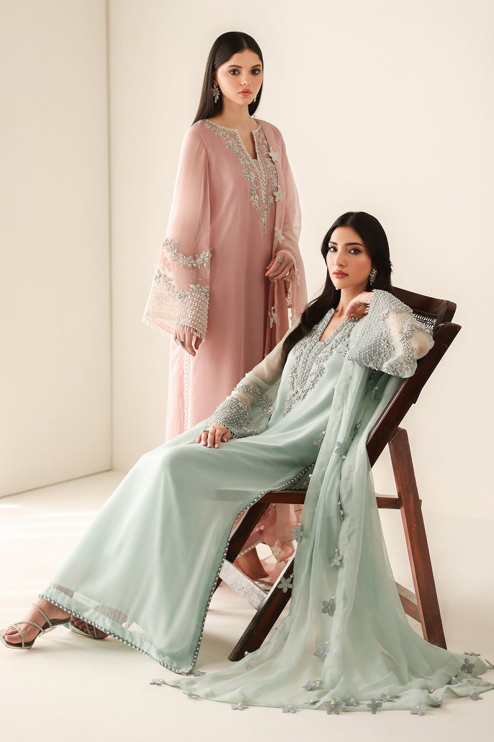 Baroque Seagreen Luxury  Embroidered Ciffion 03 Piece Suit- Ready To Wear
