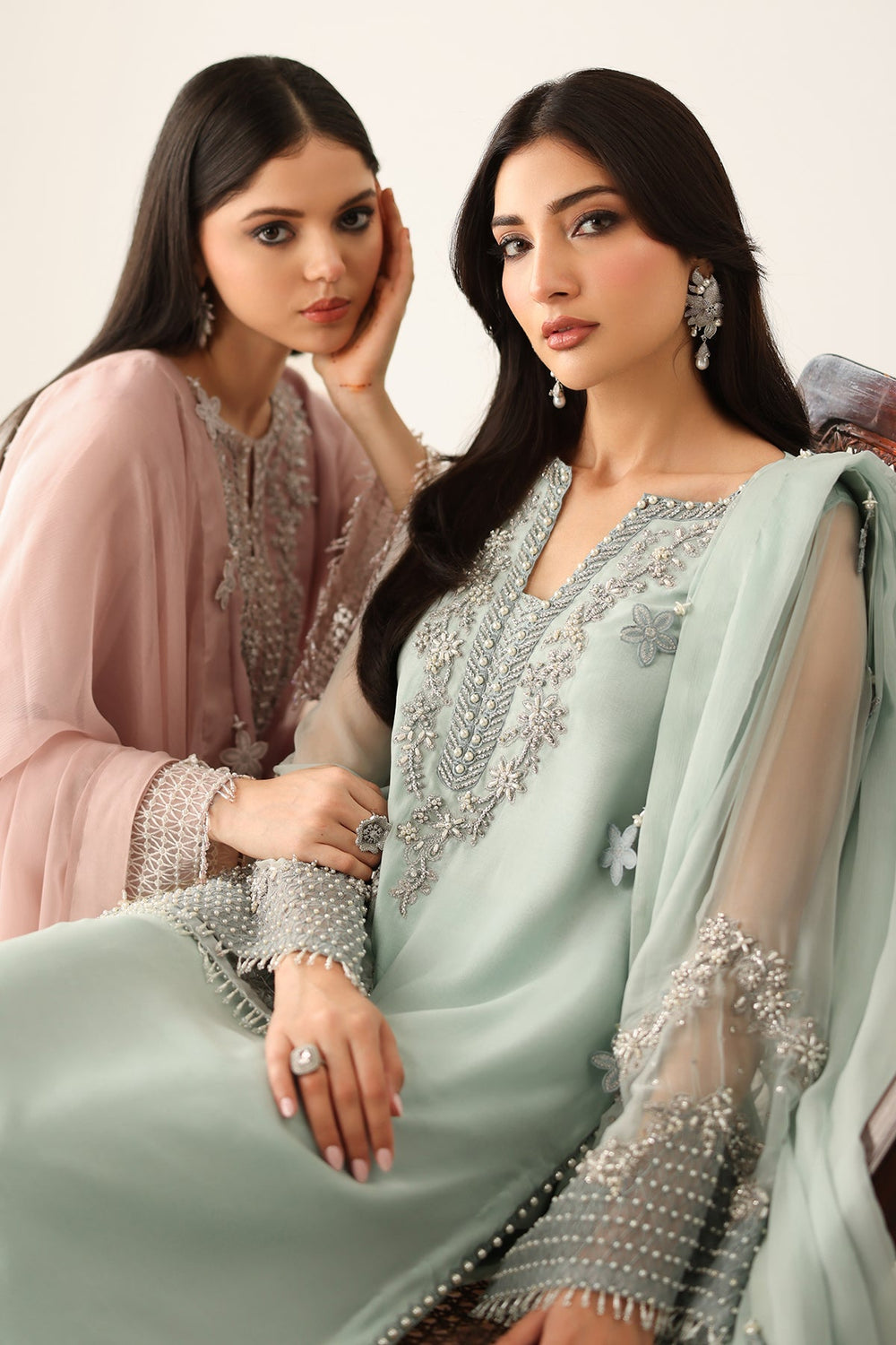 Baroque Seagreen Luxury  Embroidered Ciffion 03 Piece Suit- Ready To Wear