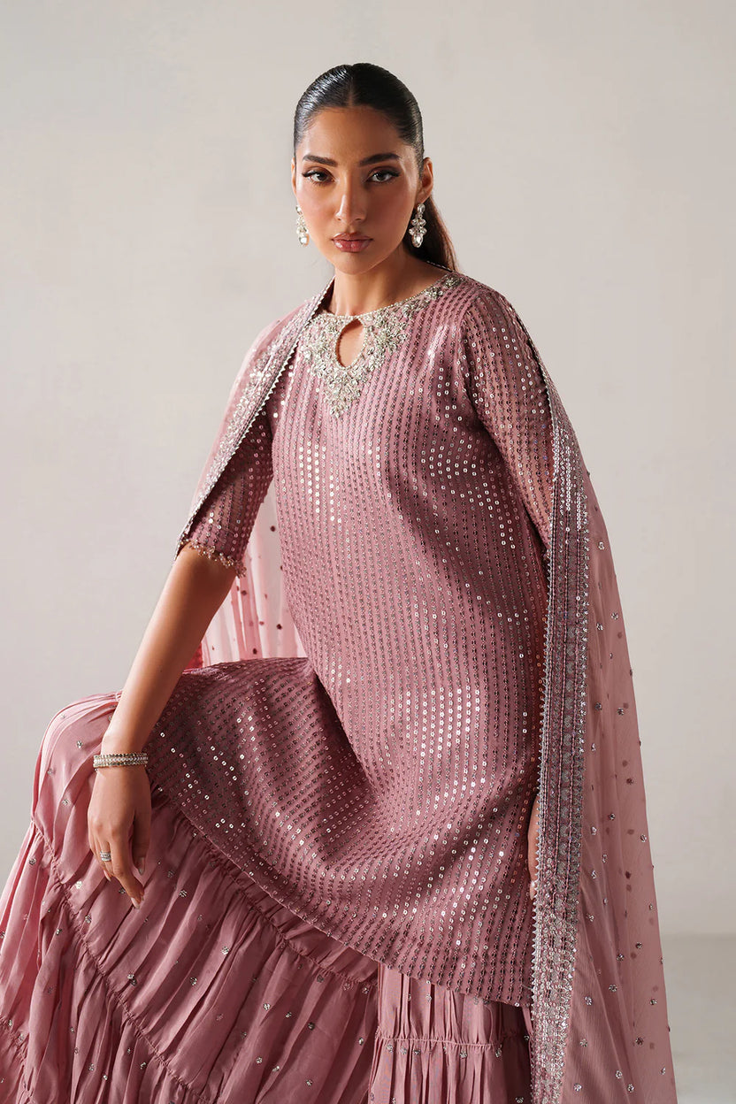 Dusty Rose & Silver Sparkle: Embroidered Chiffon Ghararah Suit - Ready To Wear