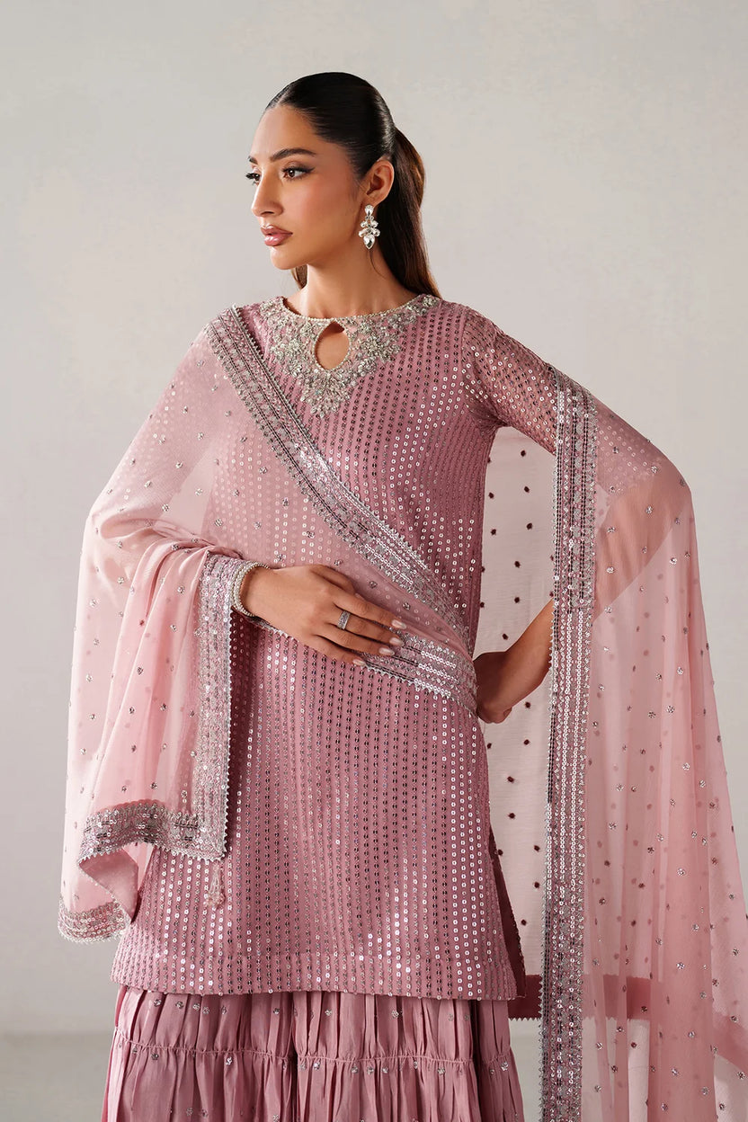 Dusty Rose & Silver Sparkle: Embroidered Chiffon Ghararah Suit - Ready To Wear