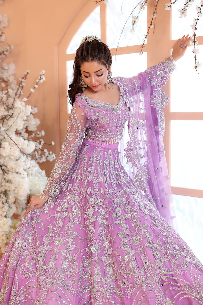 Pastel Lilac & Sparkling Silver: Embroidered Net Bridal Lenge Choli - Ready To Wear