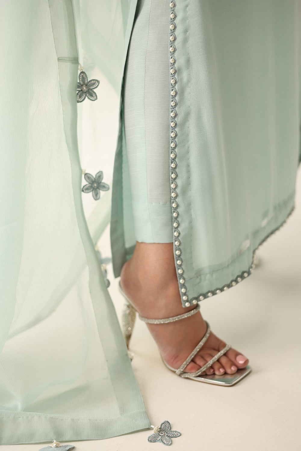Baroque Seagreen Luxury  Embroidered Ciffion 03 Piece Suit- Ready To Wear