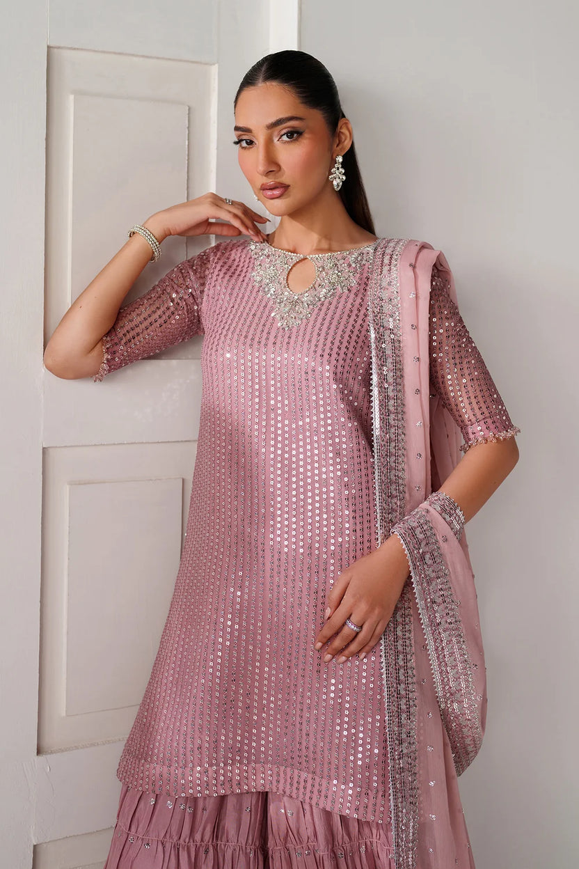 Dusty Rose & Silver Sparkle: Embroidered Chiffon Ghararah Suit - Ready To Wear