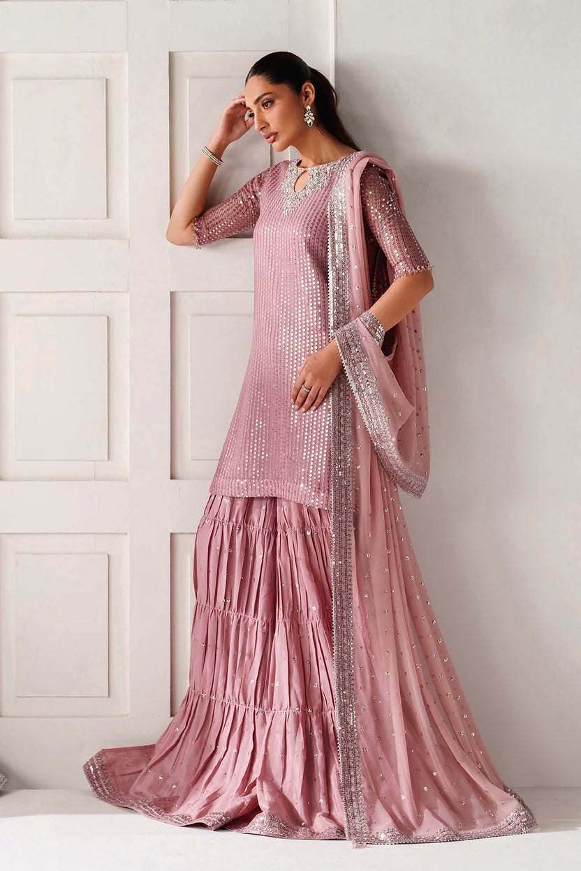 Dusty Rose & Silver Sparkle: Embroidered Chiffon Ghararah Suit - Ready To Wear