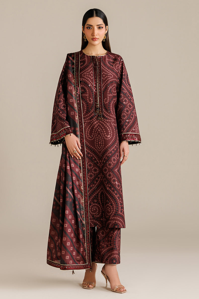 Burgundy Chunri - 03 Peace  Lawn Suit With Chiffon Dupatta - Ready To Wear