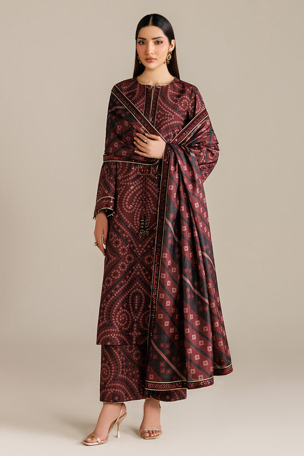 Burgundy Chunri - 03 Peace  Lawn Suit With Chiffon Dupatta - Ready To Wear