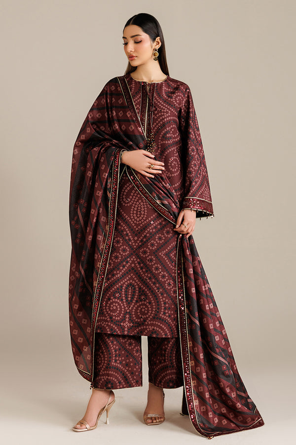 Burgundy Chunri - 03 Peace  Lawn Suit With Chiffon Dupatta - Ready To Wear