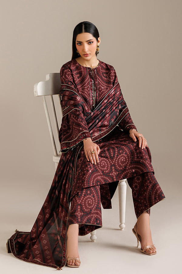 Burgundy Chunri - 03 Peace  Lawn Suit With Chiffon Dupatta - Ready To Wear