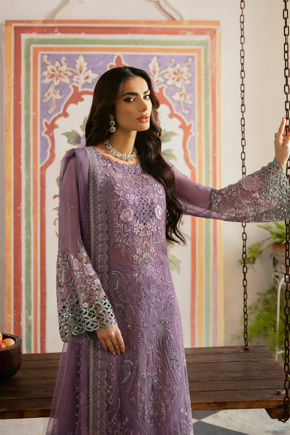 Ramsha Mauve Luxury Heavy Embroidered Ciffion 03 Piece Suit- Ready To Wear