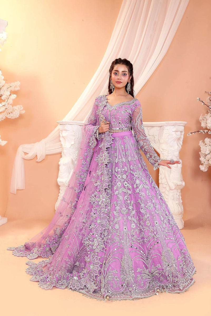 Pastel Lilac & Sparkling Silver: Embroidered Net Bridal Lenge Choli - Ready To Wear