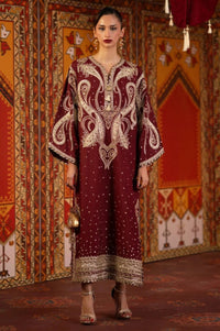 Deep Maroon & Gold Accent  Charmoush Embroidered Silk Kaftan - Ready To Wear