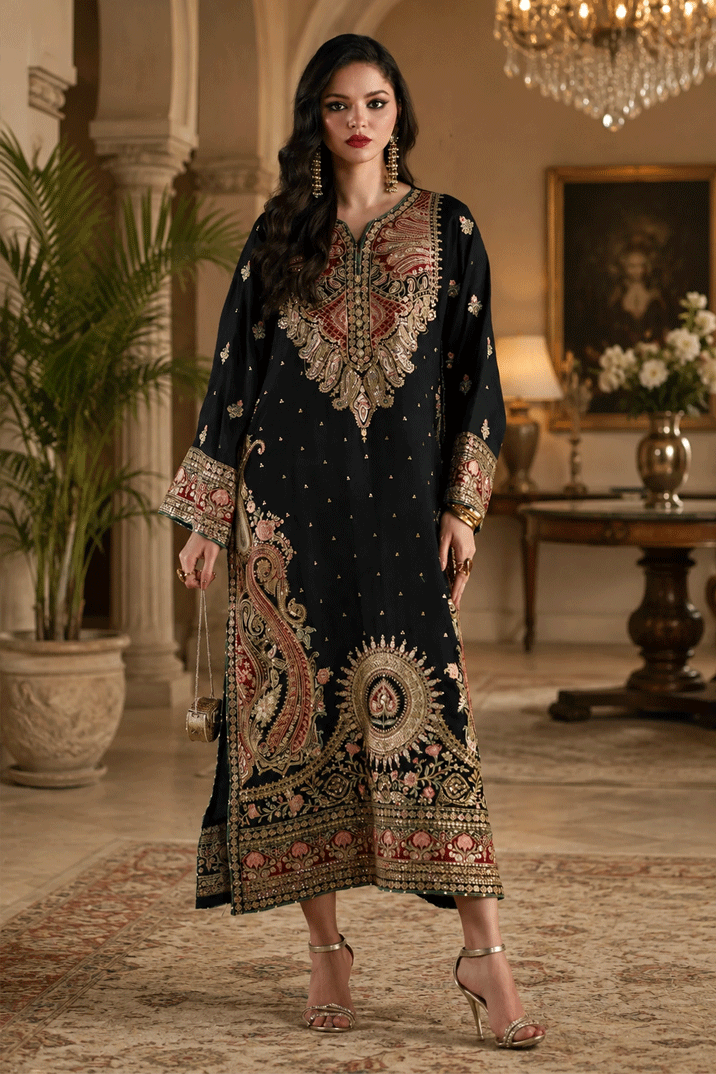 Black Kashmiri Royale: Charmoush Embroidered Silk Kaftan | Ready To Wear