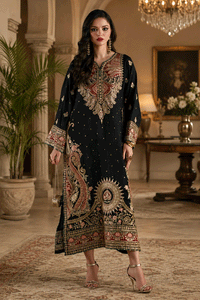 Black Kashmiri Royale: Charmoush Embroidered Silk Kaftan | Ready To Wear