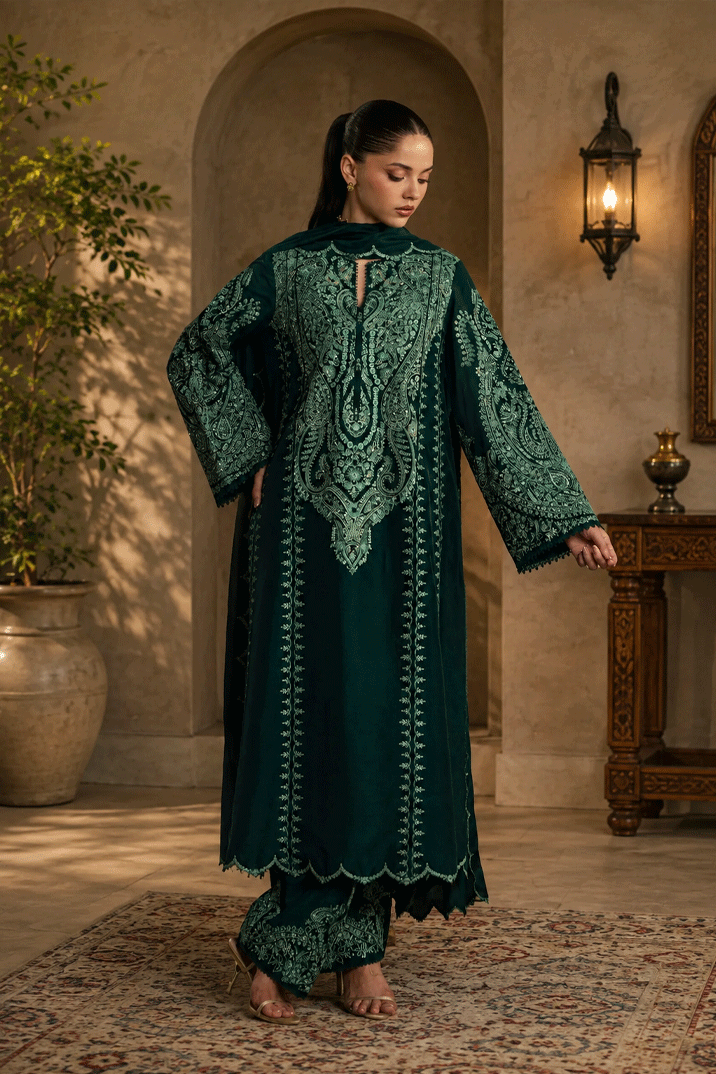 Forest Green & Mint Accent: Embroidered Cotton Suit - Ready To Wear