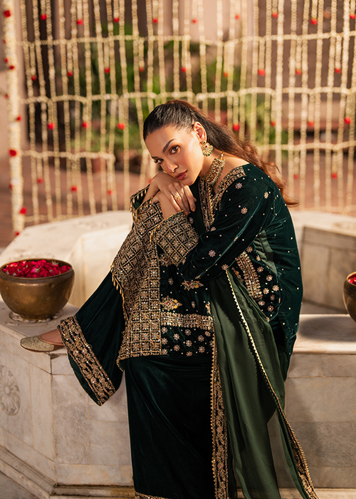 Haseens Velvet hand Embellished & Embroidered 3 Piece Suit - Ready To Wear