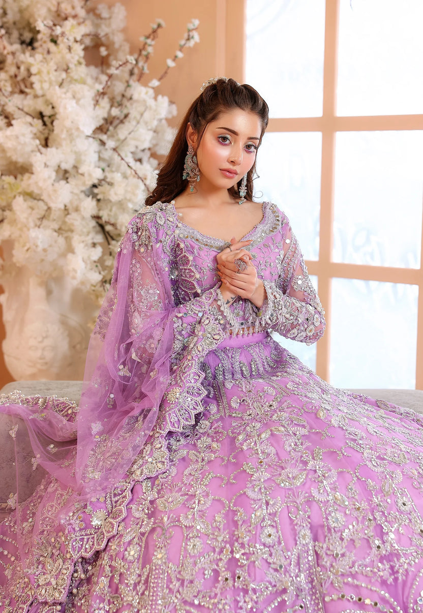 Pastel Lilac & Sparkling Silver: Embroidered Net Bridal Lenge Choli - Ready To Wear
