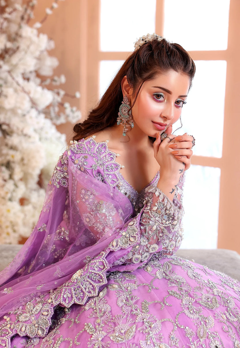 Pastel Lilac & Sparkling Silver: Embroidered Net Bridal Lenge Choli - Ready To Wear