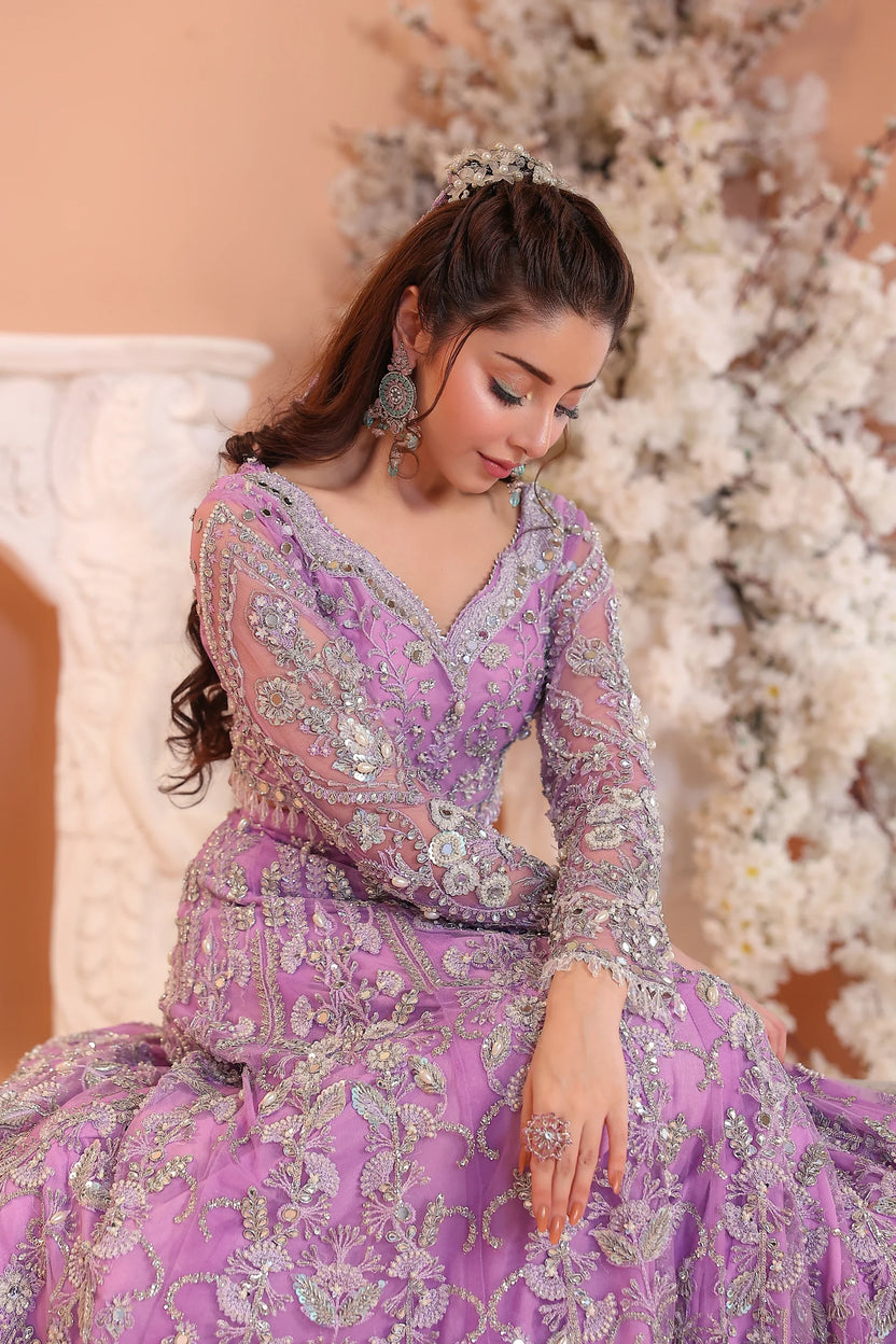 Pastel Lilac & Sparkling Silver: Embroidered Net Bridal Lenge Choli - Ready To Wear