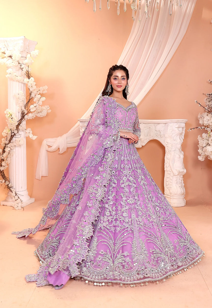 Pastel Lilac & Sparkling Silver: Embroidered Net Bridal Lenge Choli - Ready To Wear