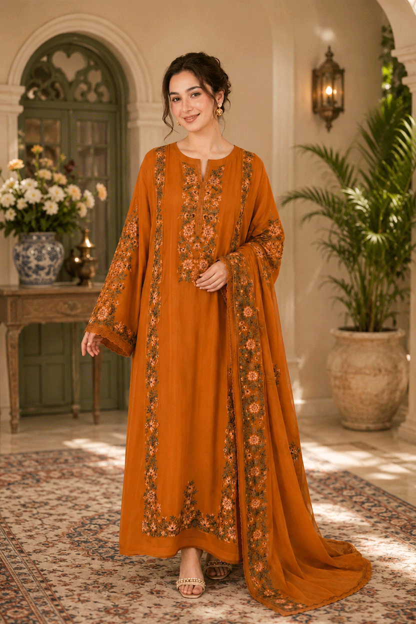 Warm Ochre Mustard: Embroidered Silk Kaftan Style Shirt  - Ready To Wear