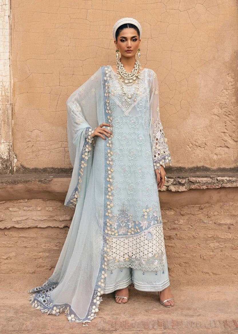 Powder Blue & Ivory Accent: Embroidered Chiffon Suit -  Ready To Wear