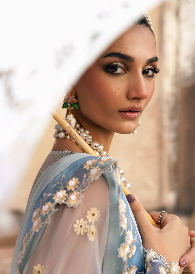 Powder Blue & Ivory Accent: Embroidered Chiffon Suit -  Ready To Wear