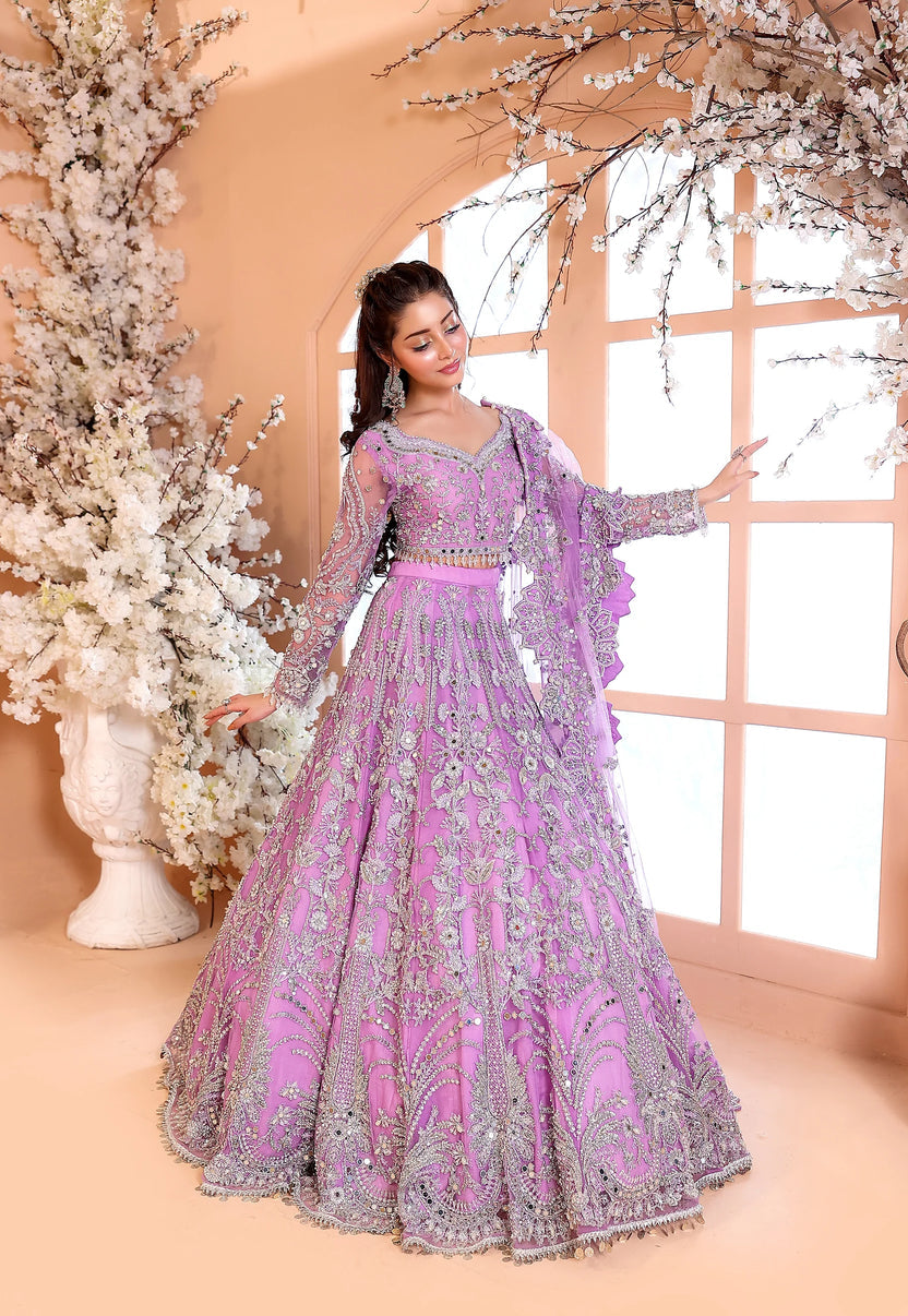 Pastel Lilac & Sparkling Silver: Embroidered Net Bridal Lenge Choli - Ready To Wear