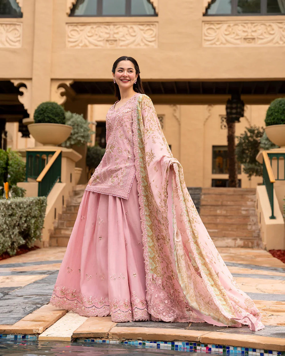 Blush Pink Sharara - 03-Piece Lawn Shirt With Silk Dupatta | Ready To Wear