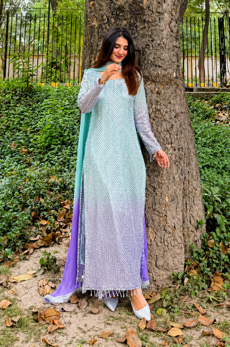 03-Piece Tie & Dye - Embroidered Chiffon Suit | Ready To Wear