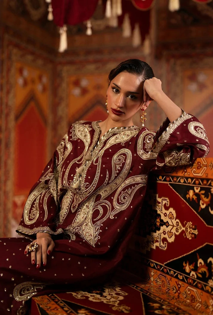 Deep Maroon & Gold Accent  Charmoush Embroidered Silk Kaftan - Ready To Wear