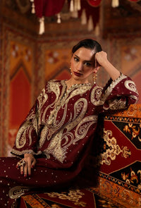 Deep Maroon & Gold Accent  Charmoush Embroidered Silk Kaftan - Ready To Wear