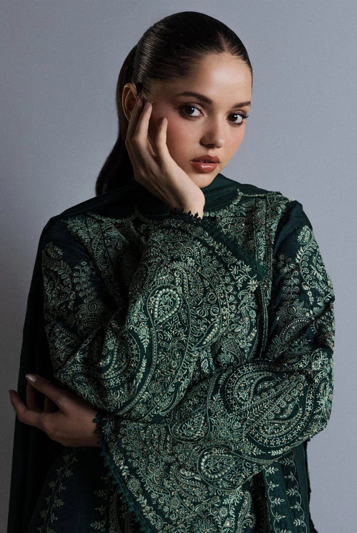 Forest Green & Mint Accent: Embroidered Cotton Suit - Ready To Wear