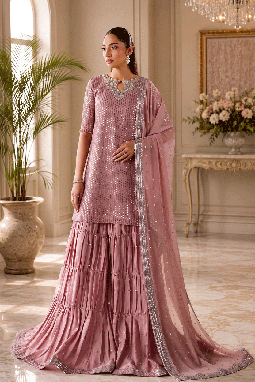 Dusty Rose & Silver Sparkle: Embroidered Chiffon Ghararah Suit - Ready To Wear