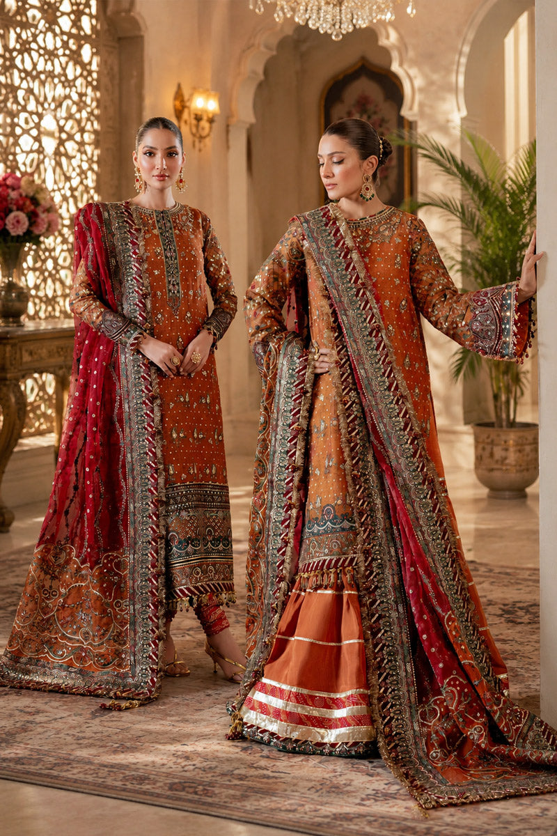 Rust Orange & Deep Maroon: Embroidered Chiffon Suit -  Ready To Wear