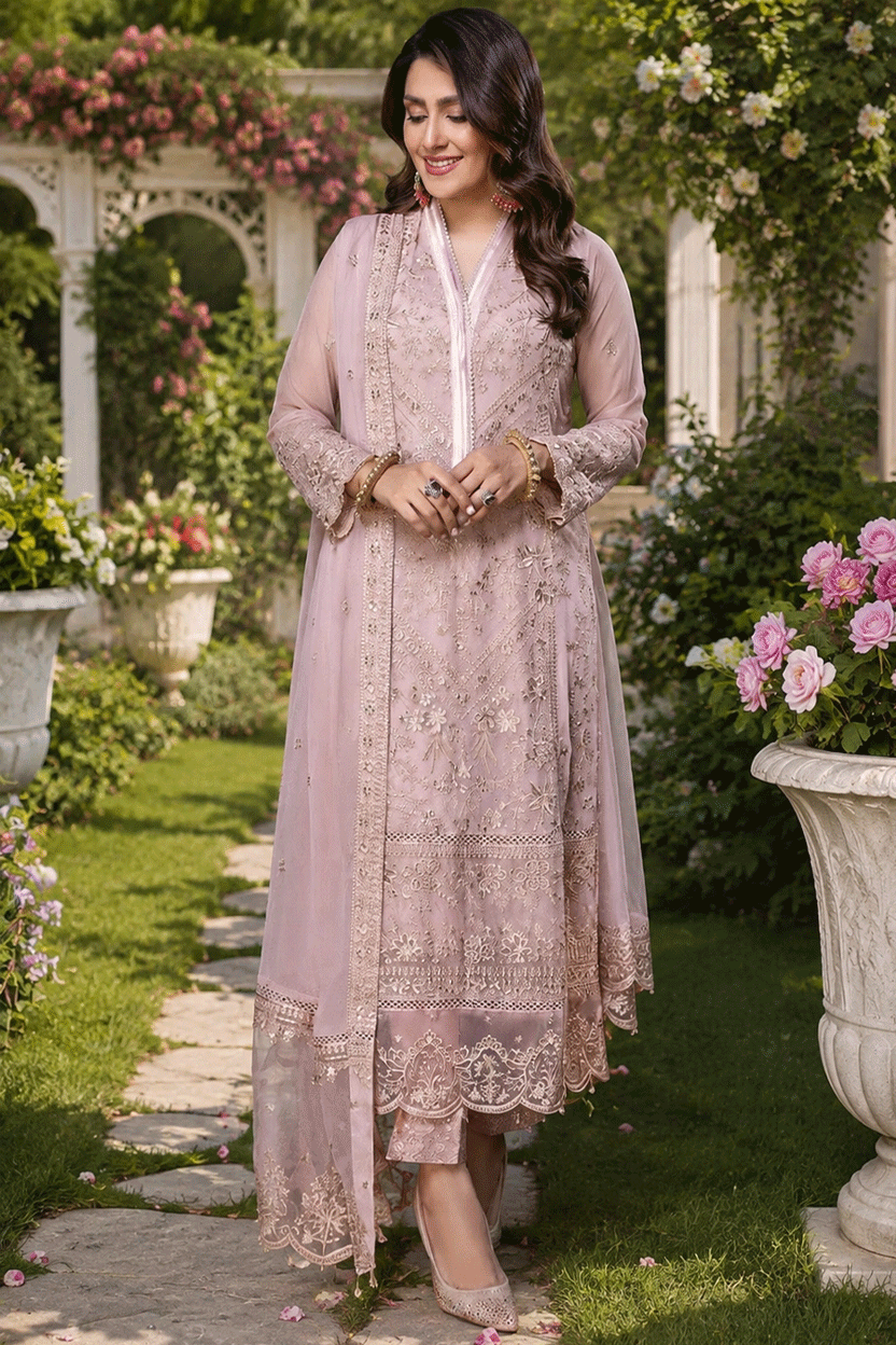 The Dusty Lavender Grace: Embroidered Chiffon 3 Pcs Suit - Ready To Wear